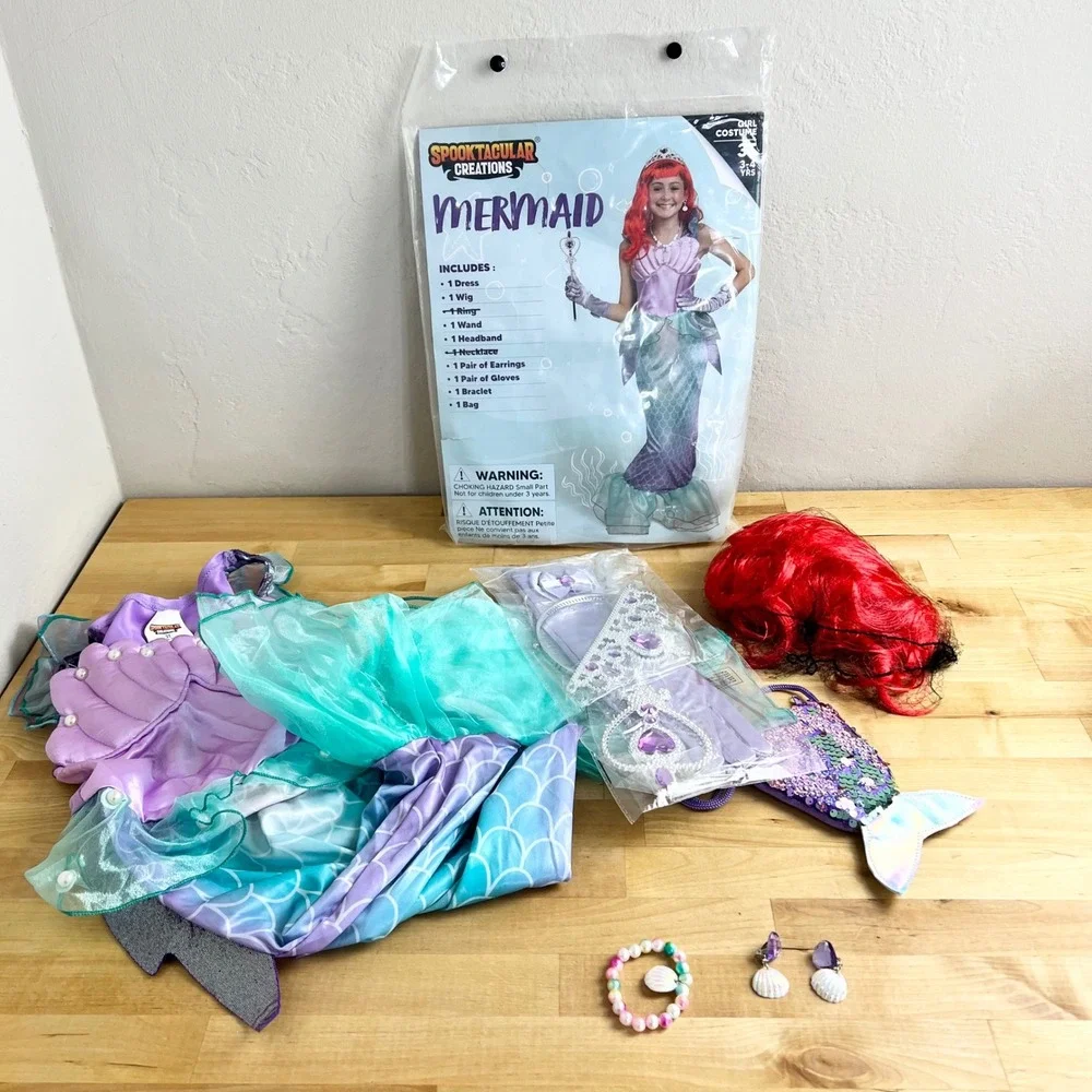 Mermaid Costume Girls Size 3T 3-4 Years Princess Dress Wig Accessories Halloween